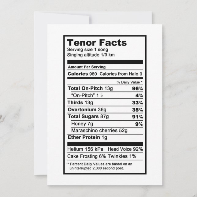 Tenor "Nutritional Information Label" Card (Front)