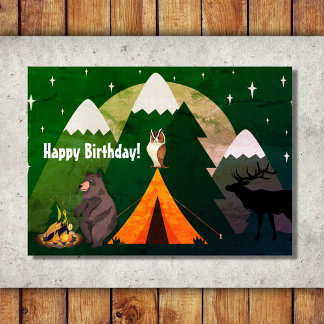 Tent and Forest Animals Mountain Camping Birthday Card