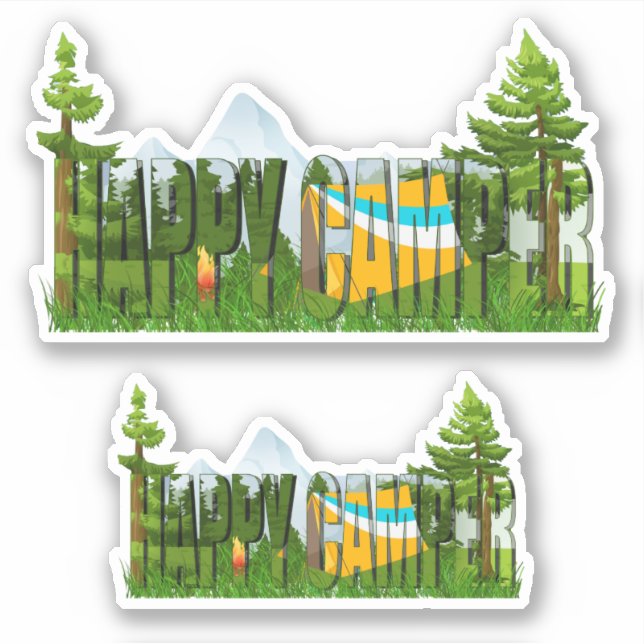 Tent and Forest Trees Happy Camper Sticker (Front)
