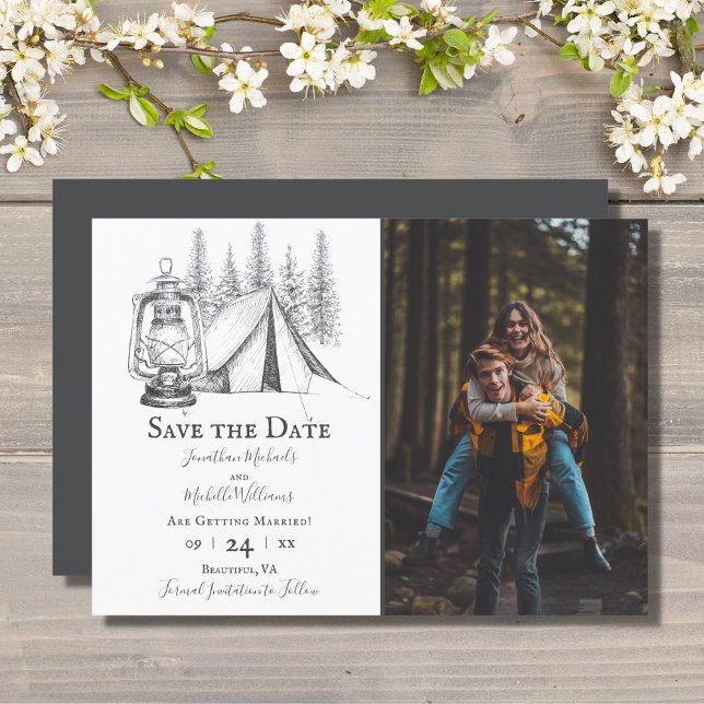 Tent and Woodland Sketch Camping Wedding Photo Save The Date (Creator Uploaded)