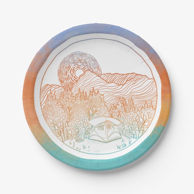 Tent Camping Mountain Scene Paper Plates (Front)