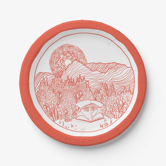 Tent Camping Mountain Scene Paper Plates (Front)