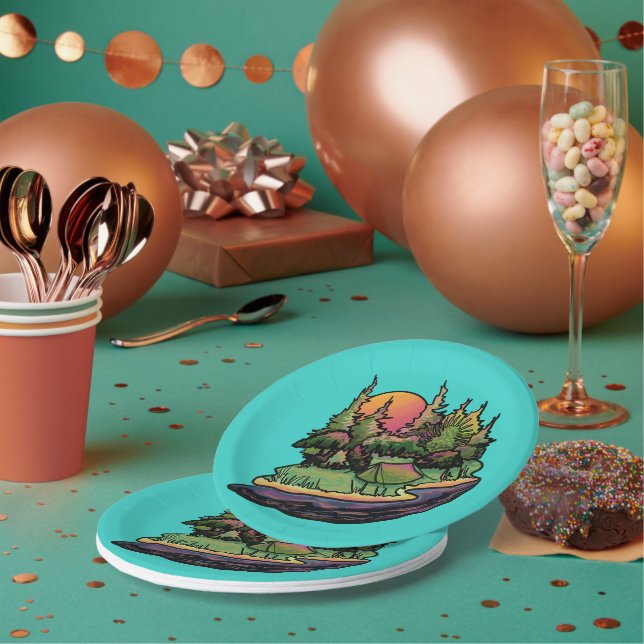 Tent Camping Wilderness Scene Paper Plates (Multi)