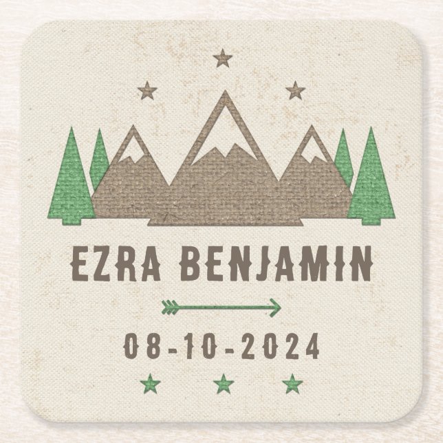 Tent Canvas Camping Bar Mitzvah Personalized Square Paper Coaster (Front)