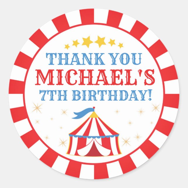Tent Circus Carnival Birthday Round Label Sticker (Front)