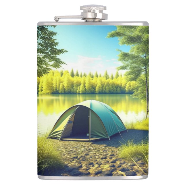 Tent in a Beautiful Forest by a Lake Flask (Front)