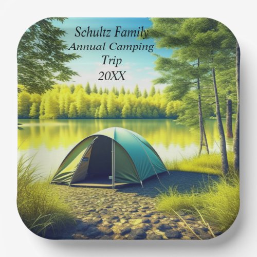 Tent in a Beautiful Forest by a Lake Paper Plates