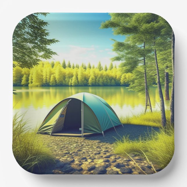Tent in a Beautiful Forest by a Lake Paper Plates (Front)