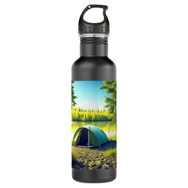 Tent in a Beautiful Forest by a Lake Stainless Steel Water Bottle (Front)
