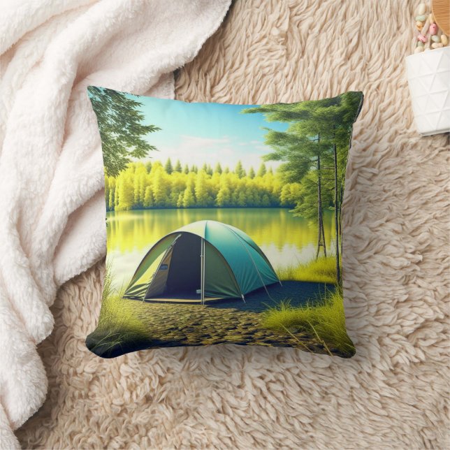 Tent in a Beautiful Forest by a Lake Throw Pillow (Blanket)