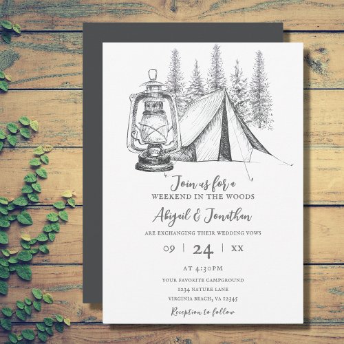 Tent Lantern and Woodland Sketch Camping Wedding Invitation