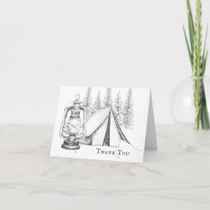 Tent, Lantern and Woodland Sketch Camping Wedding Letterpress Thank You Card