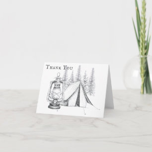Tent, Lantern and Woodland Sketch Camping Wedding Letterpress Thank You Card