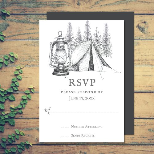 Tent Lantern and Woodland Sketch Camping Wedding  RSVP Card