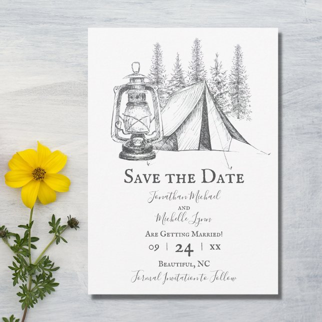 Tent, Lantern and Woodland Sketch Camping Wedding Save The Date (Creator Uploaded)