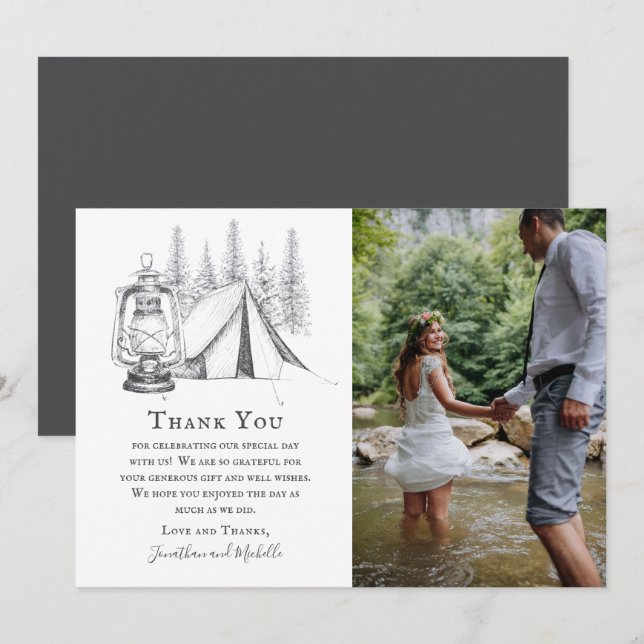 Tent, Lantern and Woodland Sketch Camping Wedding Thank You Card (Front/Back)
