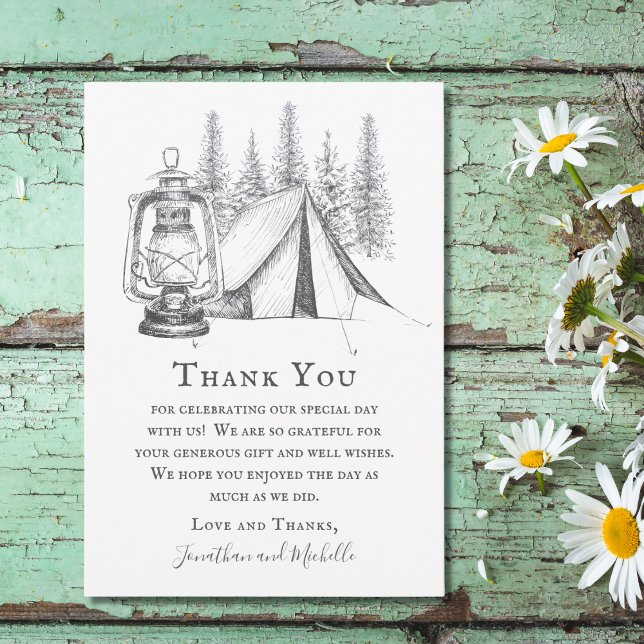 Tent, Lantern and Woodland Sketch Camping Wedding Thank You Card (Creator Uploaded)