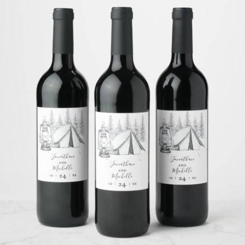 Tent Lantern and Woodland Sketch Camping Wedding Wine Label