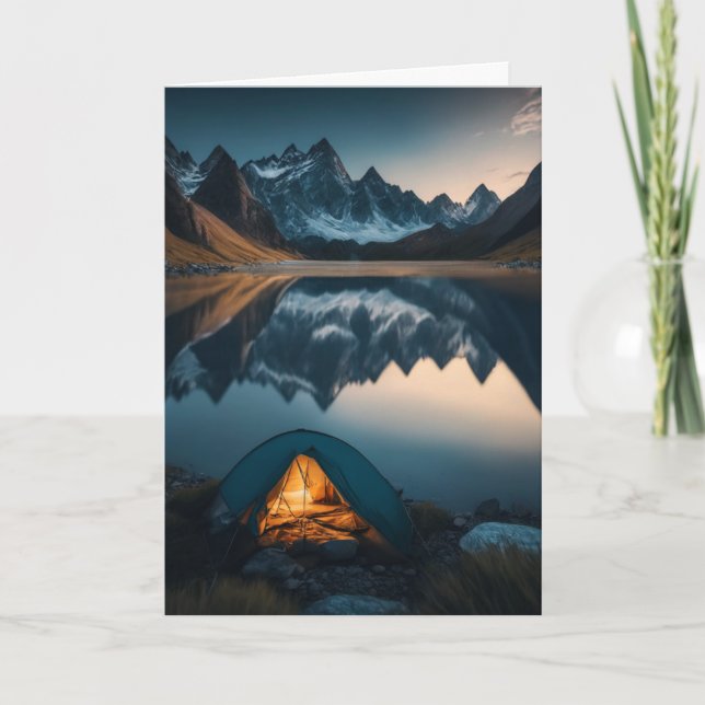 Tent, Mountains and Lake Camping Themed Art Card (Front)