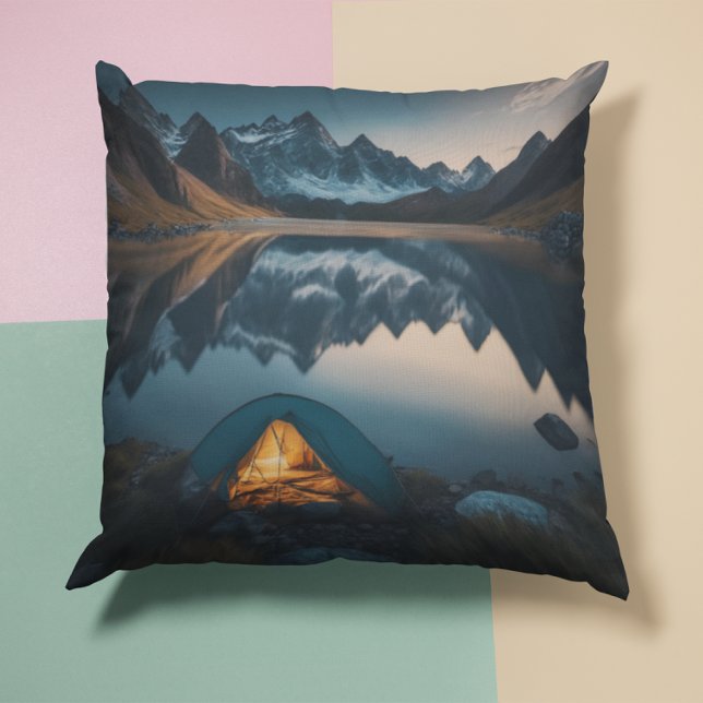Tent, Mountains and Lake Camping Themed Art Throw Pillow (Creator Uploaded)