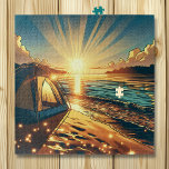 Tent on a Beach Camping Themed Birthday Jigsaw Puzzle<br><div class="desc">Pretty beach camping themed vintage puzzle with an ai illustration of a tent on a beach as the sun is rising. Ai illustration done in a hyper realistic comic book style art.</div>