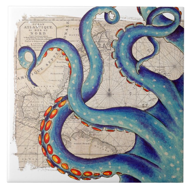 Tentacles dark blue Map Vintage Ceramic Tile (Front)