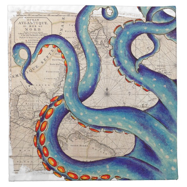 Tentacles dark blue Map Vintage Cloth Napkin (Front)