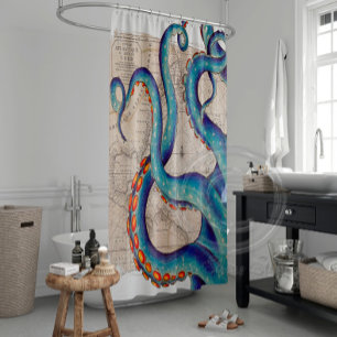 Tentacles dark blue Map Vintage Shower Curtain