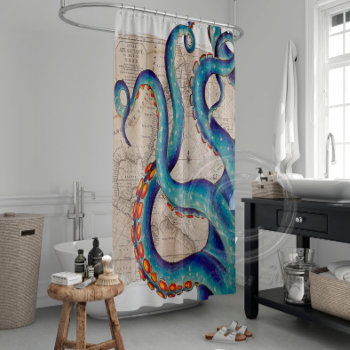 Tentacles Dark Blue Map Vintage Shower Curtain by EveyArtStore at Zazzle