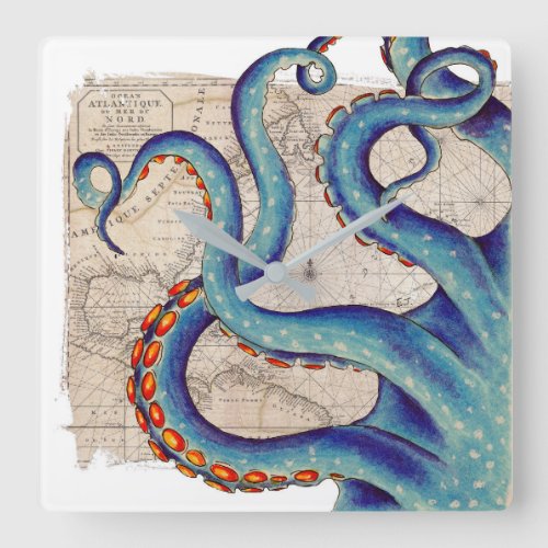 Tentacles dark blue Map Vintage Square Wall Clock