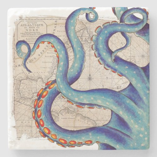 Tentacles dark blue Map Vintage Stone Coaster