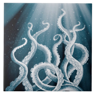 Tentacles Galaxy Blue Moon Rays Ceramic Tile