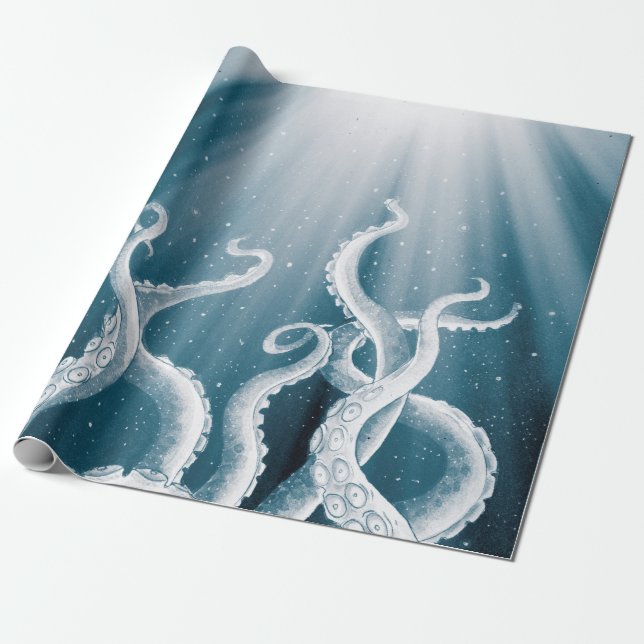 Tentacles Galaxy Blue Moon Rays Wrapping Paper (Unrolled)
