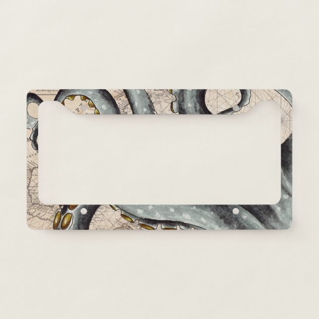 Tentacles Grey Map Vintage License Plate Frame (Front)