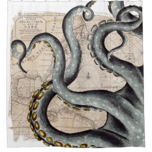 Tentacles Grey Map Vintage Shower Curtain
