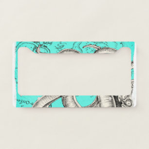 Tentacles Octopus Teal Vintage Map Ink License Plate Frame