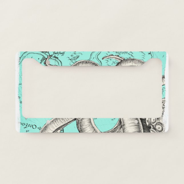 Tentacles Octopus Teal Vintage Map Ink License Plate Frame (Front)