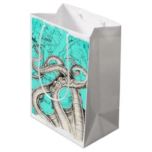 Tentacles Octopus Teal Vintage Map Ink Medium Gift Bag