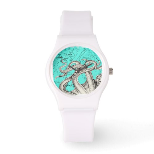 Tentacles Octopus Teal Vintage Map Ink Watch