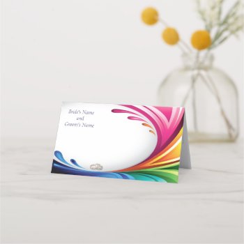 Tented Place Card-elegant Swirling Rainbow Splash Place Card by LilithDeAnu at Zazzle