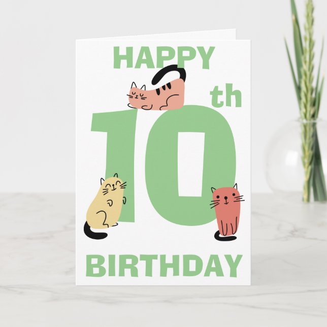 Tenth (10th) Birthday Doodle Cats Custom Message  Card (Front)