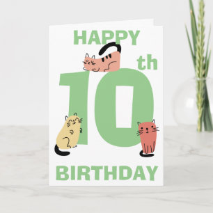Tenth (10th) Birthday Doodle Cats Custom Message  Card