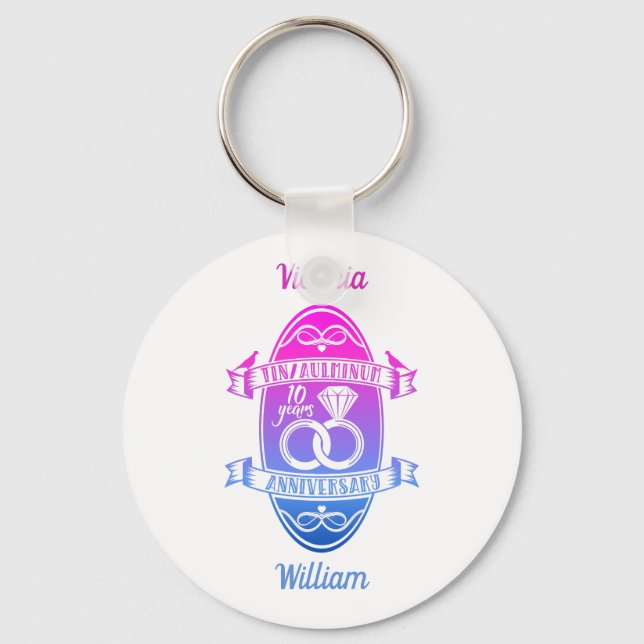 Tenth 10th wedding anniversary TIN ALUMINUM Keychain (Front)