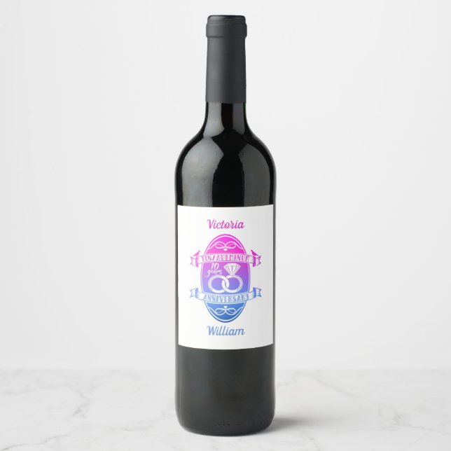 Tenth 10th wedding anniversary TIN ALUMINUM Wine Label (Front)