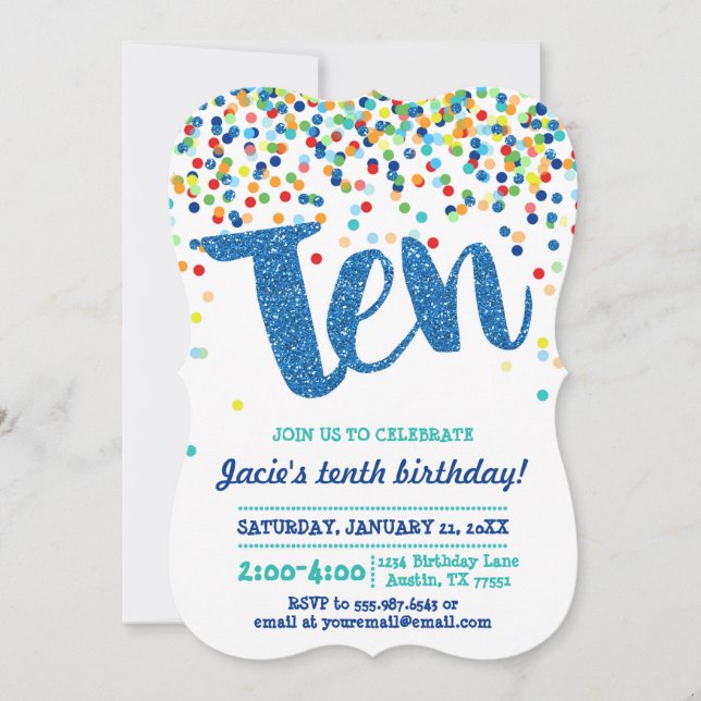 Tenth Birthday Blue Confetti Glitter Invitation (Front)