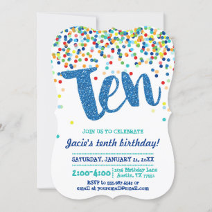 Tenth Birthday Blue Confetti Glitter Invitation