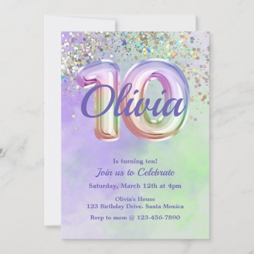 Tenth Birthday Tie Dye ten  Glitter Invitation