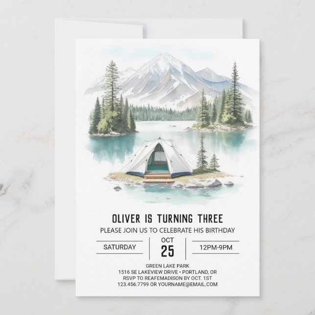 Tenting by the Pine Trees Birthday Invitation (Front)