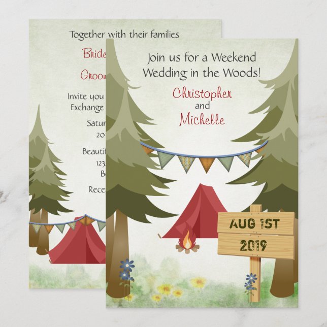 Tents and Campfire Woodland Camping Wedding Invitation (Front/Back)