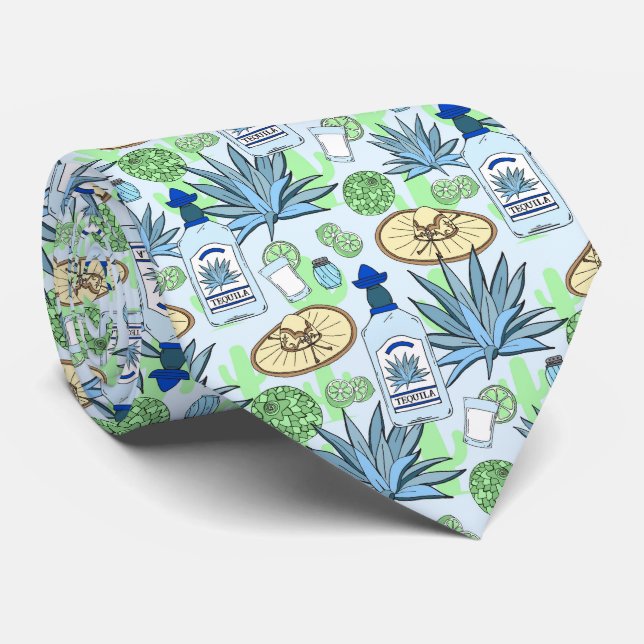 Tequila Drinker Blue Agave and Sombreros Print Neck Tie (Rolled)